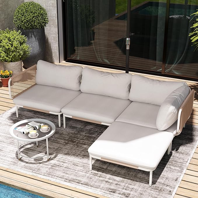 4 Piece Modern Outdoor Sectional Sofa, 31" Oversized Patio Furniture Set with Olefin Woven Rope, Weather-Resistant Metal Frame and Removable Cushion, Beige