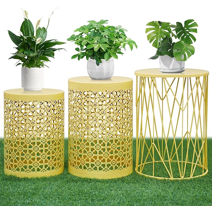 HFHOME Set of 3 Heavy-Duty Round End Table, Side Table, Coffee Table for Indoor Multifunctional Use, Outdoor Decorative Garden Stool Plant Stand-Yellow