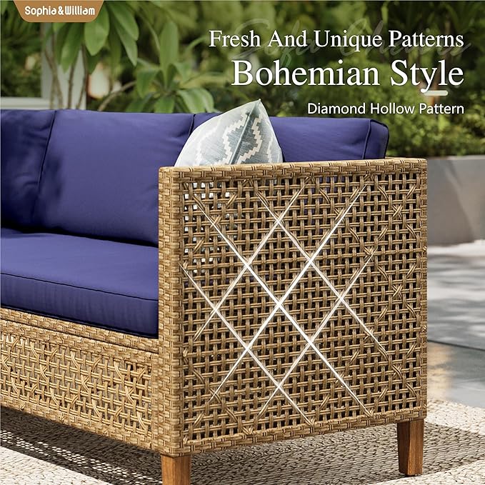 Sophia and William 5-Piece Wicker Patio Furniture Set, L-Shaped Outdoor Sectional Sofas with Ottoman and Acacia Wood Coffee Table, Rattan Conversation Set wtih Cushions, Blue