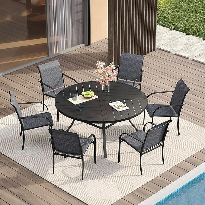VICLLAX Patio Table and Chair Set of 6, All Weather Metal Round Outdoor Dining Furniture Set-47 Round Outdoor Table and Chairs, Black Tabletop
