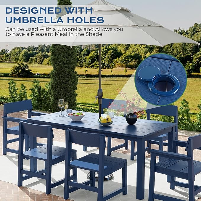 9 Piece Outdoor Dining Table Set for 8 HIPS Patio Dining Sets with Umbrella Hole Outdoor Furniture All Weather Patio Furniture Set for Outside Deck Backyard Poolside Garden, Deep Blue