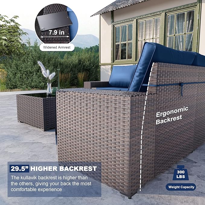 Kullavik Outdoor Patio Furniture Set,12 Pieces Sectional Rattan Sofa Set Brown PE Rattan Wicker Patio Conversation Set with 10 Seat Cushions and 2 Tempered Glass Coffee Table,Navy Blue
