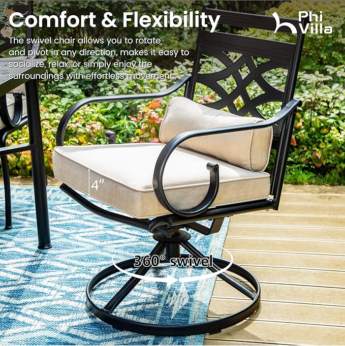 PHI VILLA 5 Pieces Outdoor Dining Set for 4, 37" Square Black Metal Table & Wrought Iron Swivel Chairs, All Weather Large Outside Furniture with Cushions & Pillows for Patio, Deck, Porch