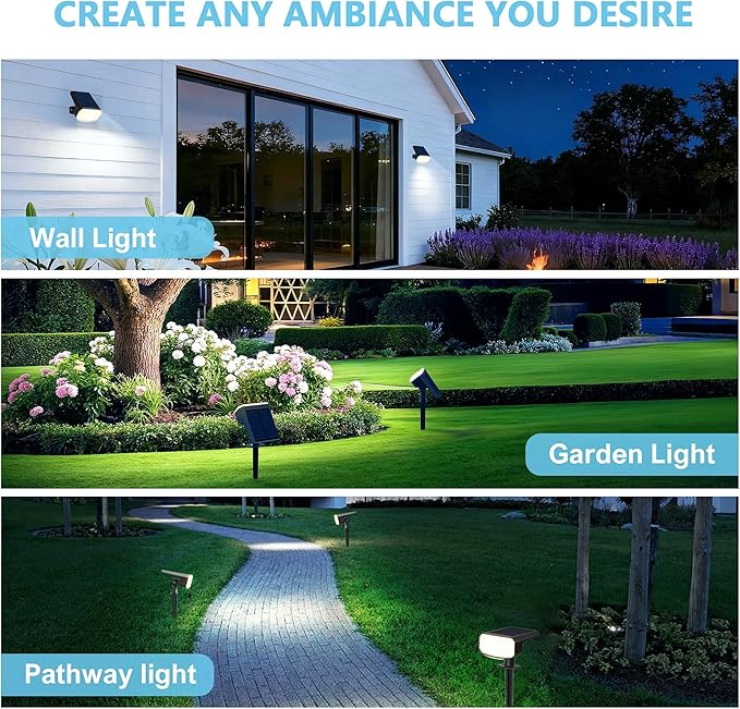 Solar Lights Outdoor Waterproof IP65, Super Bright LED, 6500K 2 Lighting Modes, Solar Powered Yard Garden Solar Spot Lights for Outside Landscape Auto On/Off -2 Pack