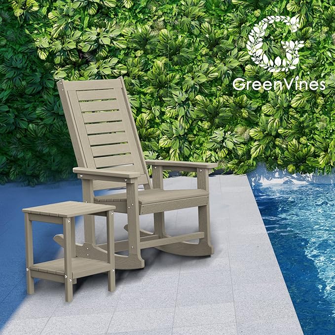 GREENVINES Outdoor Rocking Chairs | Set of 2 | Porch Rocker | HDPE Plastic | Wood Grain | Oversized Rockers | High Back | Big & Tall | Ladder Back | Desert Brown | for Patio Outside