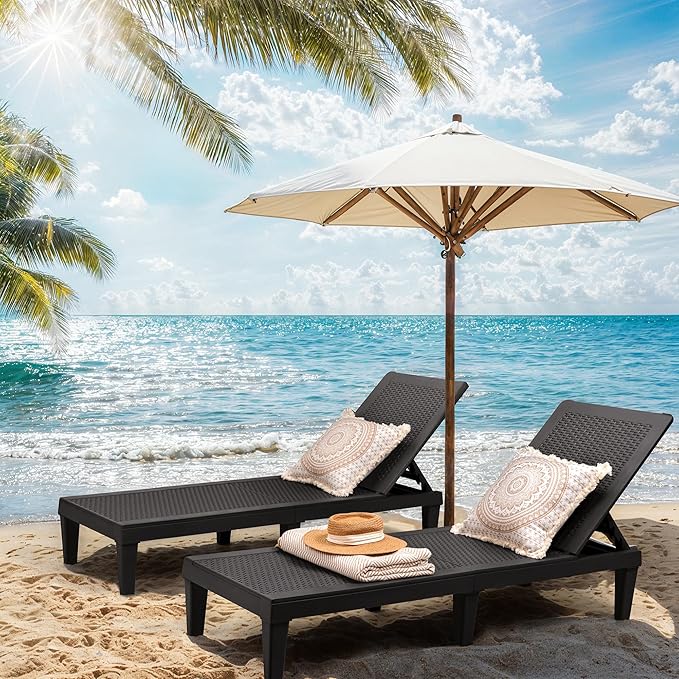 Greesum Outdoor Chaise Lounge Chairs Set of 4 with 5-Position Adjustable Backrest, Waterproof PP Sun Chaise Loungers for Garden Pool Beach Patio Deck Sunbathing, Black