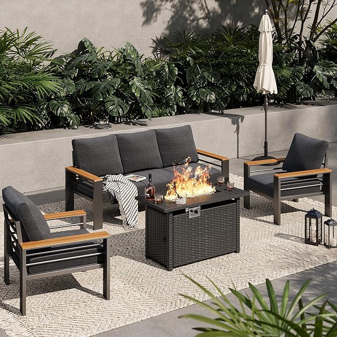 Aoxun Aluminum Outdoor Patio Furniture Set, 6-Piece Outdoor Sectional with 44'' Propane Gas Firepit Table, Patio Conversation Sets with Upgraded Armrests and Cushions for Backyard (Dark Grey,5 Seats)