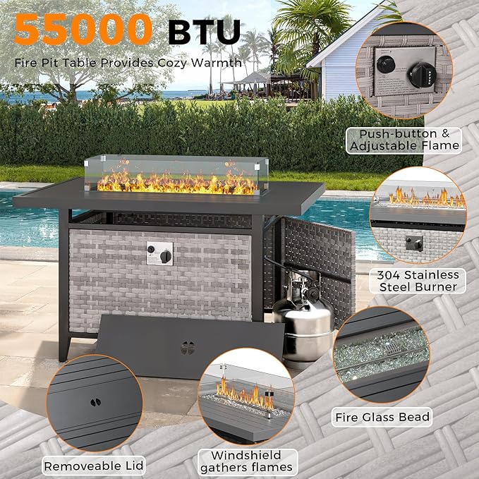 12-Seat Modern Outdoor Wicker Rattan Patio Furniture Set with 55,000 BTU Fire Pit Table, Thick 4″ Cushions, All-Weather Dual-Strand Rattan, Rust-Resistant Steel Frame,Gray