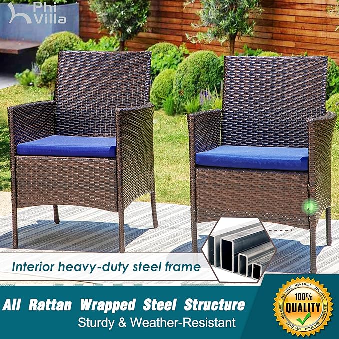 PHI VILLA 7 Piece Outdoor Dining Set for 6, Rectangular Wrought Iron Dining Table with Umbrella Hole & Cushioned Rattan Wicker Chairs for Patio, Deck, Yard, Porch