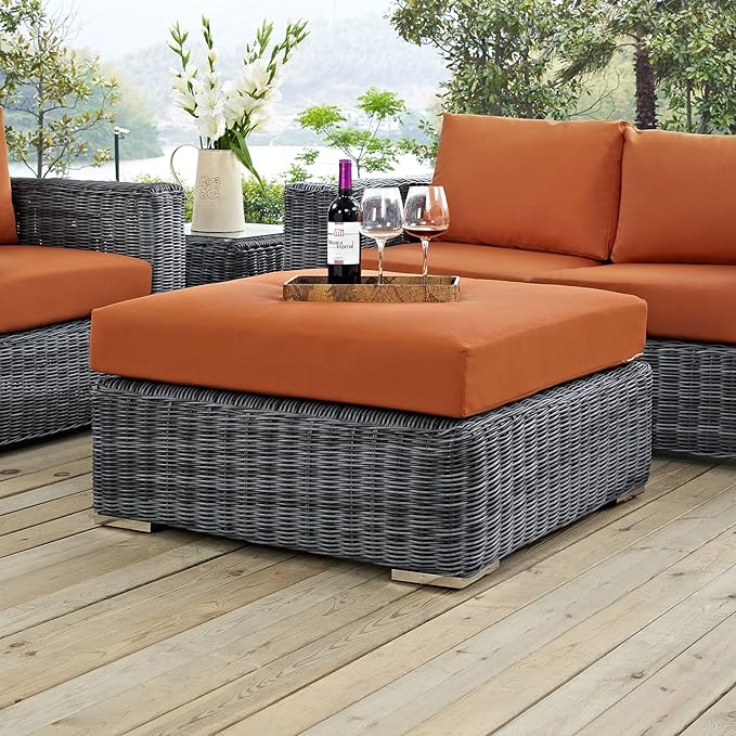 Modway Summon Wicker Rattan Outdoor Patio 36" Square Ottoman with Sunbrella® Fabric Cushion in Canvas Tuscan