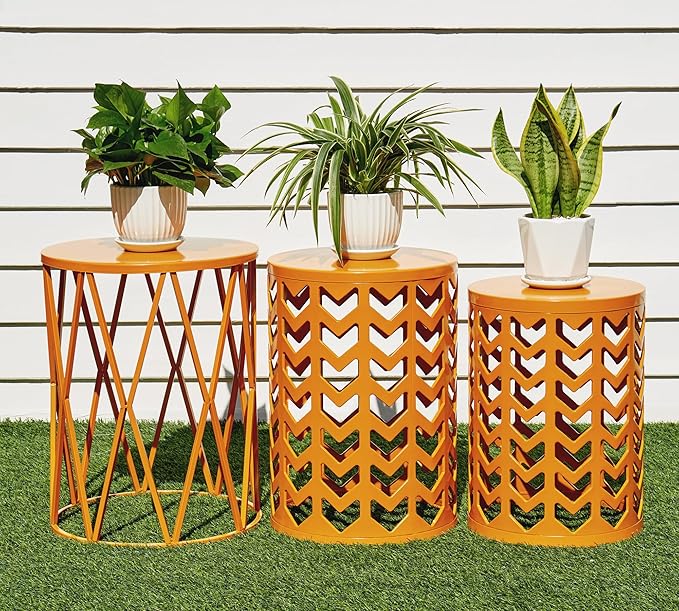 HFHOME Round Nesting Coffee Tables, Set of 3 End Tables for Living Room Balcony Office, Heavy Duty Metal Stacking Nightstand for Home Indoor - Orange