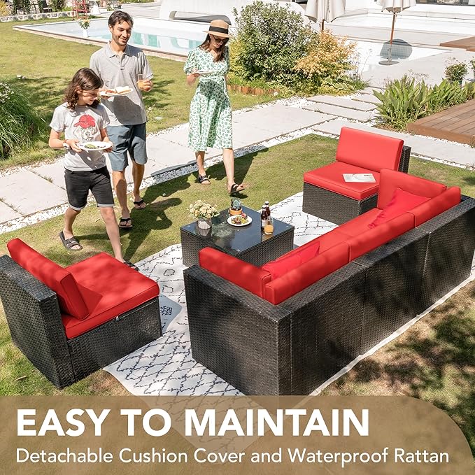 Devoko Patio Furniture Sets 6 Pieces Outdoor Sectional Rattan Sofa Manual Weaving Wicker Patio Conversation Set with Glass Table and Cushion (Red)