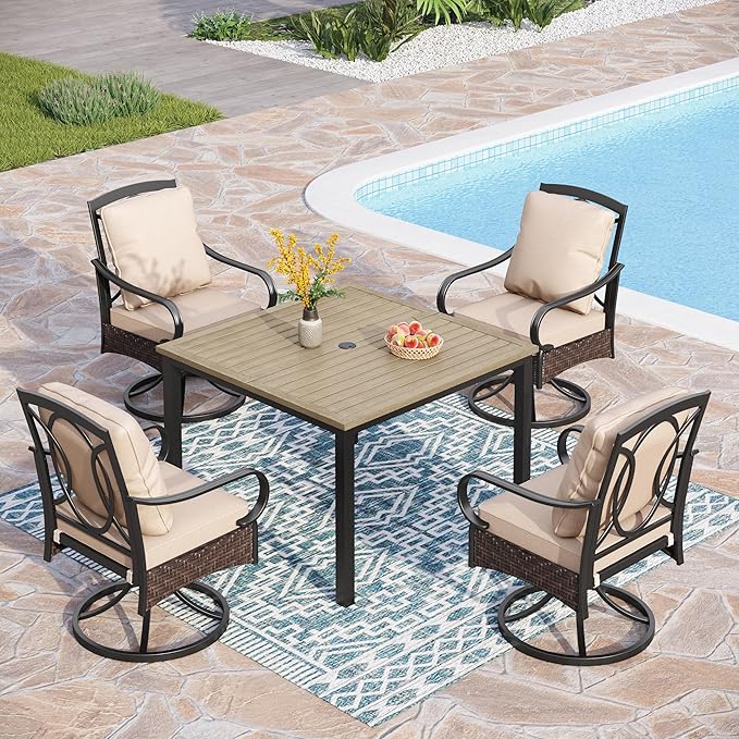 PHI VILLA 5-Piece Outdoor Dining Set, Heavy Duty Patio Table and Chairs Set with Umbrella Hole for 4, 42" Square Patio Woodgrain Metal Table with Padded Swivel Chairs