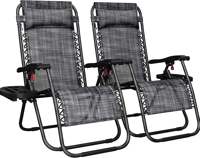 Yaheetech Zero Gravity Recliners Outdoor Adjustable Folding Reclining Lounge Chairs w/Pillows, Cup Holder Trays and Carry Strap for Patio Backyard Beach Gray Set of 2
