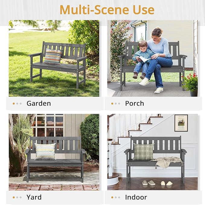 LUE BONA Outdoor Bench, 2-Person HDPS Garden Bench, Outdoor Benches Weatherproof, All-Weather Fade/Rot Resistant Patio Bench for Park, Front Porch, Backyard (Dark Gray)