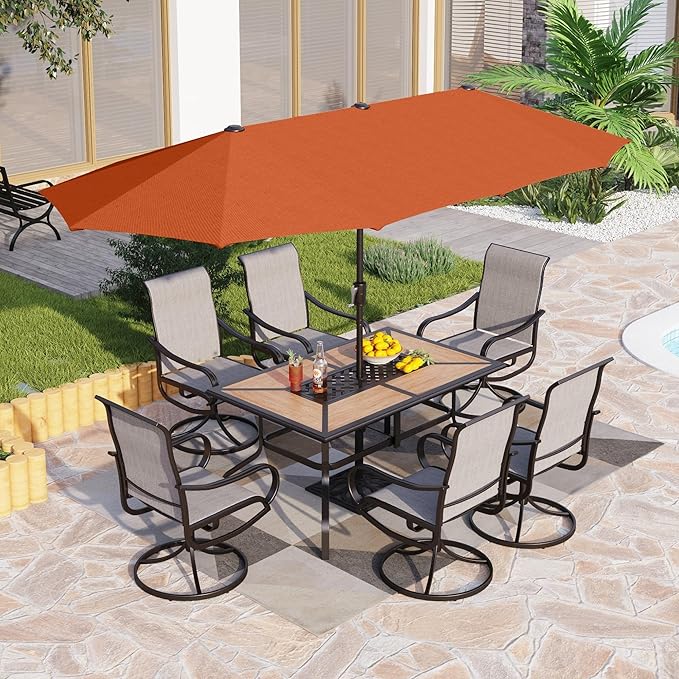 PHI VILLA Outdoor Patio Dining Set with Umbrella for 6 Person, Outdoor Swivel Dining Chairs & 1 Large Wooden-Like Top Table with 13ft Orange Red Outdoor Umbrella(No Base) for Deck Lawn Garden Backyard