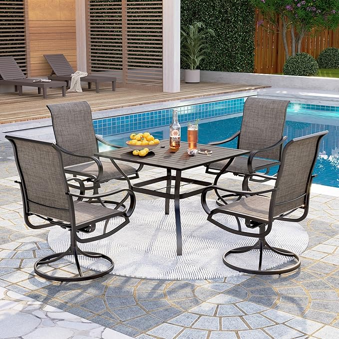 PHI VILLA 5 Piece Patio Dining Set Clearance with 4 Swivel Dining Chairs & 1 Square Metal Dining Table with 1.57 inches Hole, for Outdoor Kitchen Lawn & Garden Black Coated