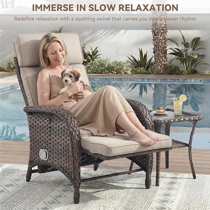 3 Pieces Zero Gravity Wicker Patio Recliner Chairs Set of 2 - Wicker Outdoor Lounge Chair with Side Table, Adjustable Backrest & Footrest, High Back Outdoor Recliner Chair for Pool Deck Beige
