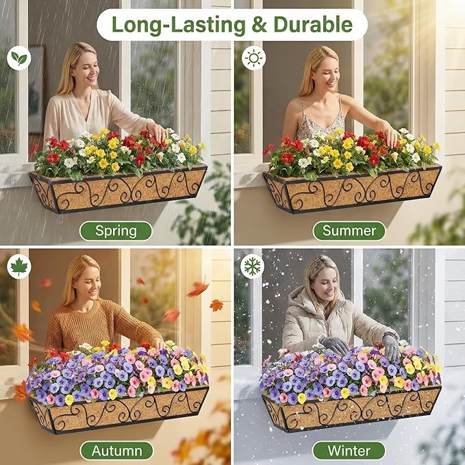 Y&M 30 Inch Butterfly Window Deck with Coco Liner, Fence Metal Hanging Flower Planter Window Basket Deck Railing Planter Boxes for Outdoor Garden Lawn 2pcs