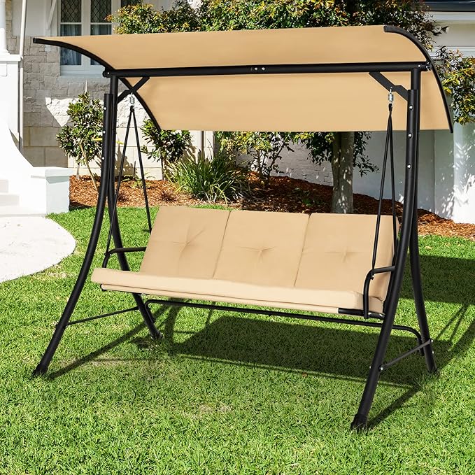 Tangkula 3 Person Porch Swing, Outdoor Swing with Removable Cushions, Solid Steel Structure, Patio Swing with Adjustable Canopy for Garden, Backyard, Balcony, Poolside Beige