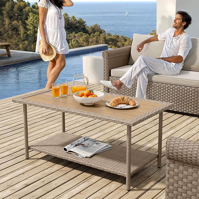 YITAHOME Outdoor Wicker Coffee Table with 2-Layer, 39.4" Rectangle Outside Side Table with Faux Wood Top, All-Weather Rattan Patio Bistro Table for Garden Backyard Porch - Brown