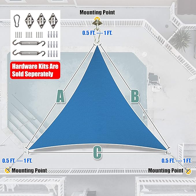 Amgo Custom Size 10' x 10' x 10' Blue Triangle Sun Shade Sail UPF50+ AGTAPRT12, Order to Make Canopy Awning, 95% UV Blockage, Water & Air Permeable, Commercial Standard (We Customize)