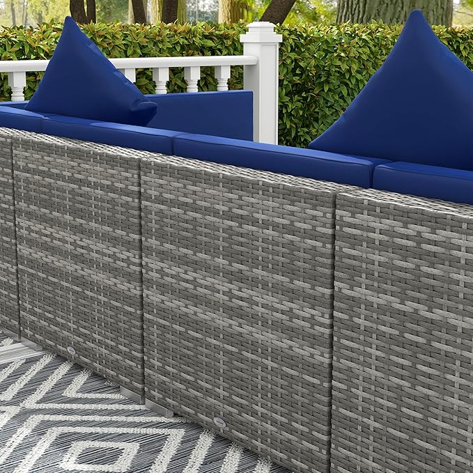 Outsunny 7 Piece Patio Furniture Set, Wicker Outdoor Sectional Sofa Set, All Weather PE Rattan Outdoor Furniture Conversation Sets with Cushions, Glass Top Coffee Table, Pillows, Blue
