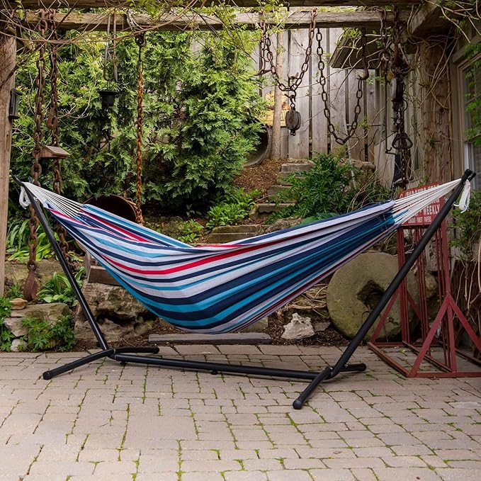 Vivere Double Cotton Hammock with Space Saving Steel Stand, Upgraded Polyester End Strings 450 lb Capacity - Premium Carry Bag Included - (Denim)