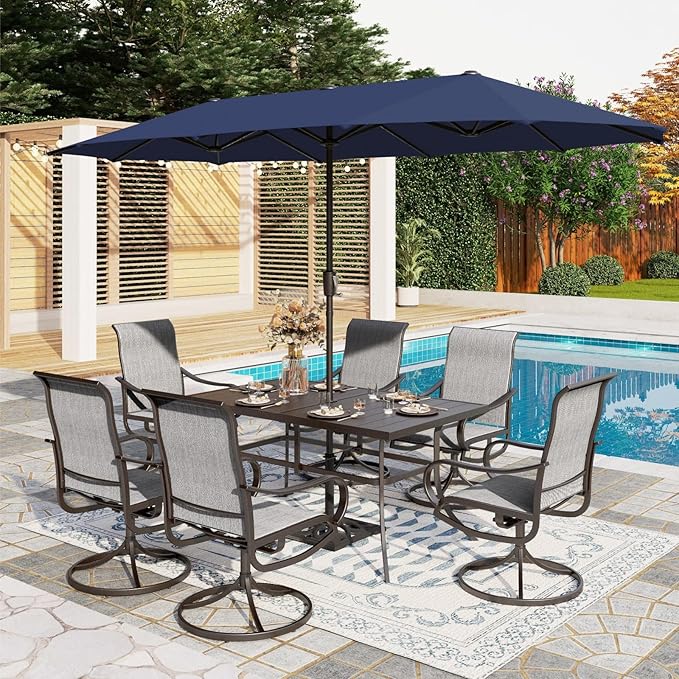 PHI VILLA 8 Piece Patio Dining Set with 13ft Patio Umbrella (Navy Blue), 6 Outdoor Swivel Dining Chairs & 1 Large Metal Dining Table with 1.57" Umbrella Hole, for Deck Lawn Garden