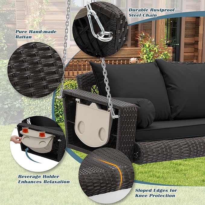 Outdoor Wicker Patio Porch Swing - 3 Person Swing Outdoor Hanging Porch Swing Seat Bench with Chains for Yard, Deck, Garden (Brown Rattan Black Cushion)