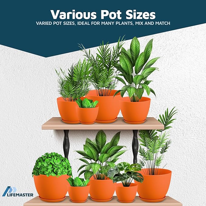 Yellow Plant Pots with Drainage Holes & Saucers 5 Pack, Indoor & Outdoor Stackable Space-Saving Planters for Houseplants & Flowers, (7", 6.7", 6", 5.3", and 4.8" Inches), Durable & Weatherproof