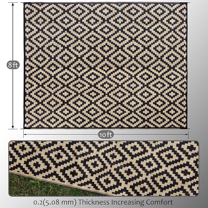 SAND MINE Waterproof Outdoor Rug 8x10 ft, Plastic Reversible Rug, Modern Area Rug, Large Floor Mat for Outdoors, RV, Patio, Backyard, Deck, Picnic, Beach, Camping, Black & Beige
