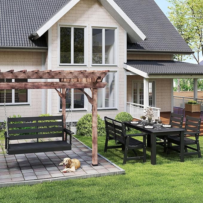 IVY&LANE Outdoor Porch Swing | HDPE Plastic | 2-Person | Hanging Bench Swings | Weatherproof | 4 Stainless Steel Chains | Black | for Outside Patio Garden Backyard Tree