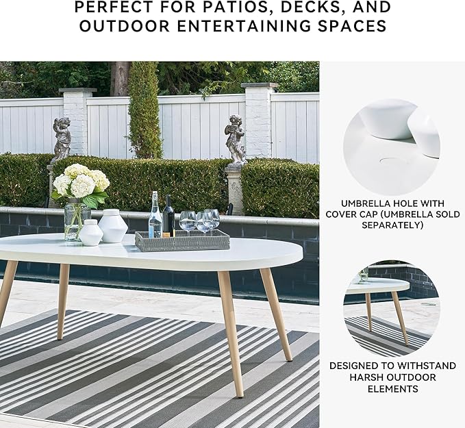Signature Design by Ashley Seton Creek Casual Aluminum Outdoor Dining Table with Umbrella Hole and Cover Cap, White & Light Brown