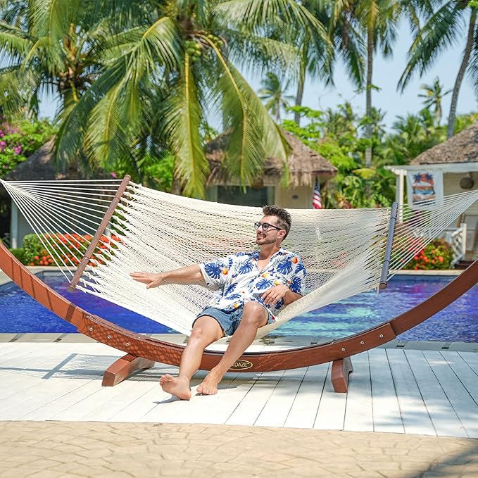 Lazy Daze Hammocks 10.5 FT Double 2 Person Caribbean Rope Hammock, Hand Woven Polyester Hammock with Spreader Bars, for Outside Outdoor Backyard Patio Poolside, 450 LBS Capacity, Cream