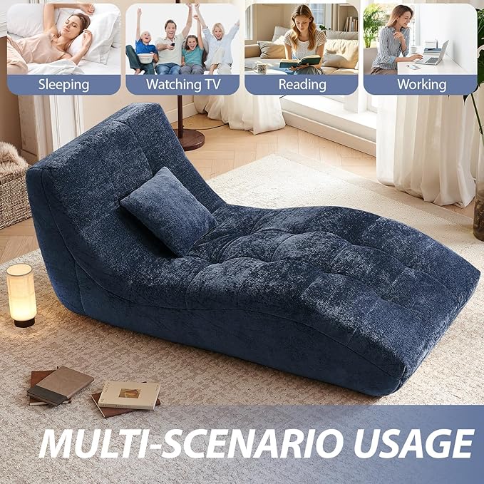 Chaise Lounge Chair with Curved Back, Modern Upholstered Recliner Sofa, Tufted Accent Lounger Comfortable Lazy Chair for Bedroom, Apartment (Blue)