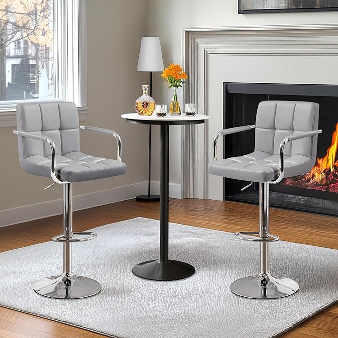 Yaheetech Bar Stools, PU Leather Adjustable Swivel Barstools, Hydraulic Kitchen Counter Height Bar Chairs with Armrest and Back for Kitchen, Dining Room, Light Grey