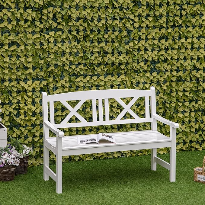 Outsunny 2-Seater Wooden Garden Bench, 4FT Outdoor Patio Loveseat with Unique X-Shape Back for Yard, Lawn, Porch, White