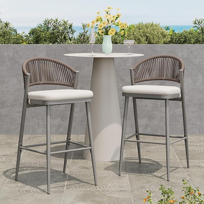 Christopher Knight Home Hearth 30.25" H Patio Barstools Set of 2, Woven Wicker Counter Stool, PE Rattan Scallop-Shaped Backrest Bar Chair, Metal Frame Barstool for Backyard Balcony Garden, Gray