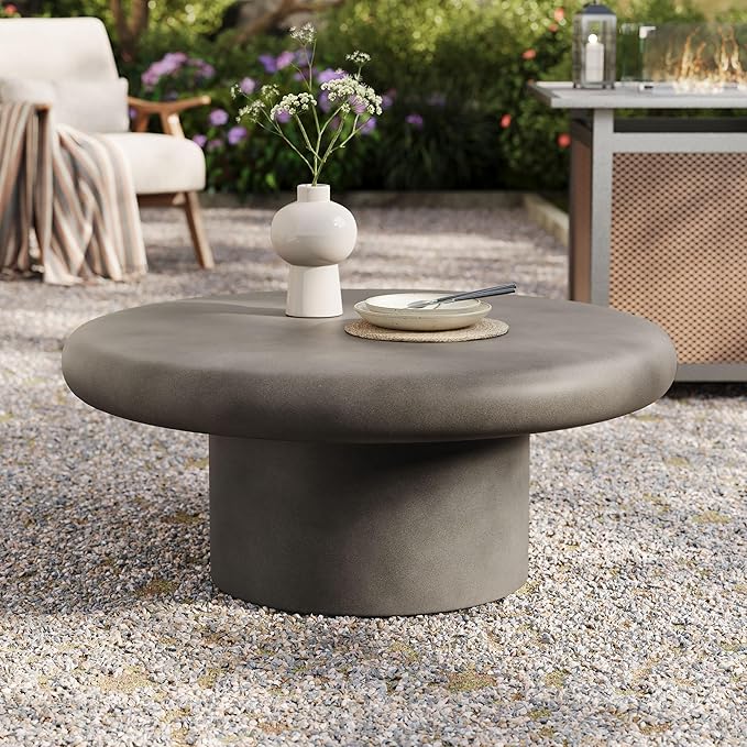 Modway Argos Round Concrete Coffee Table in Gray - Cement Low Coffee Table for Sitting on The Floor - Weather Resistant Stone Patio Coffee Table - Indoor Outdoor 34 Inch Center Table