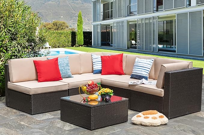 Vongrasig 7 Piece Patio Furniture Set with Gas Fire Pit Table, Outdoor Conversation Sets Wicker Rattan Sectional Sofa with Coffee Table, 43” Propane Gas Firepit Table with Lid, Beige