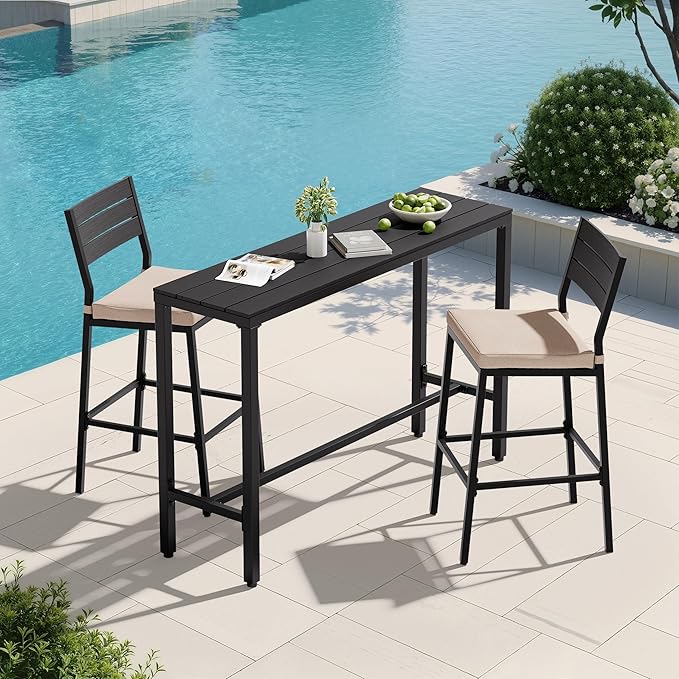 Crestlive Products Outdoor Bar Table and Chairs Set, 3 Piece Outside Patio Bar Set with 55" Long Bar Table and 2 Bar Stools for Balcony, Bistro, Garden, Backyard(Black Desktop and Beige Cushion)