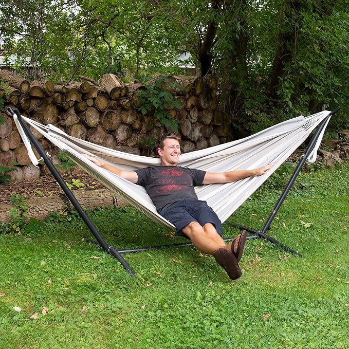 Vivere Double Sunbrella Hammock with Space-Saving Steel Stand, Heavy-Duty Portable Outdoor Hammock Set for Backyard, Patio, or Travel, Dove