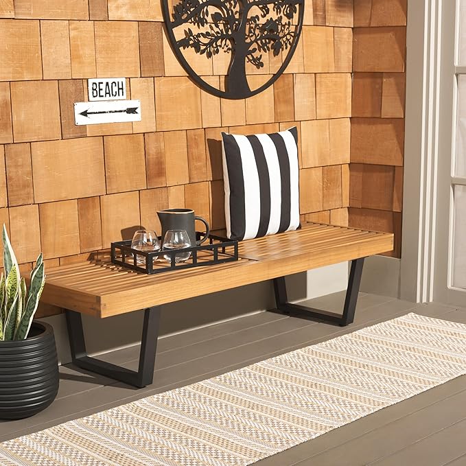 SAFAVIEH Outdoor Patio Furniture Heather Natural Brown Solid Wood & Black Legs 60-inch Steel Bench