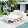 Polibi Patio Metal Daybed with Wood Topped Side Spaces for Drinks,Modern Outdoor Daybed 2 in 1 Padded Chaise Lounges for Poolside, Balcony, Deck,Beige