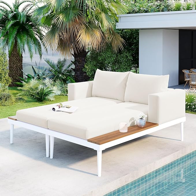 Polibi Patio Metal Daybed with Wood Topped Side Spaces for Drinks,Modern Outdoor Daybed 2 in 1 Padded Chaise Lounges for Poolside, Balcony, Deck,Beige