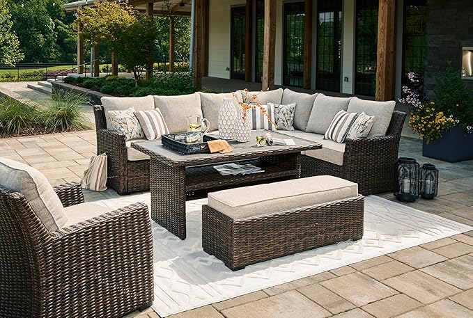 Signature Design by Ashley Brook Ranch Casual Nuvella Weather Resistant Fabric Outdoor Lounge Chair with Cushion, Dark Brown & Beige