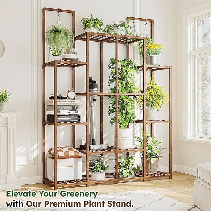 EnHomee Plant Stand Indoor Wood Plant Stand Outdoor Plant Shelf with 14-18 Potted Double Rod Large Plants Holder 440LBS Plants Shelves for Living Room Patio Balcony Yard Garden 44.8''W×11.6''D×47''H