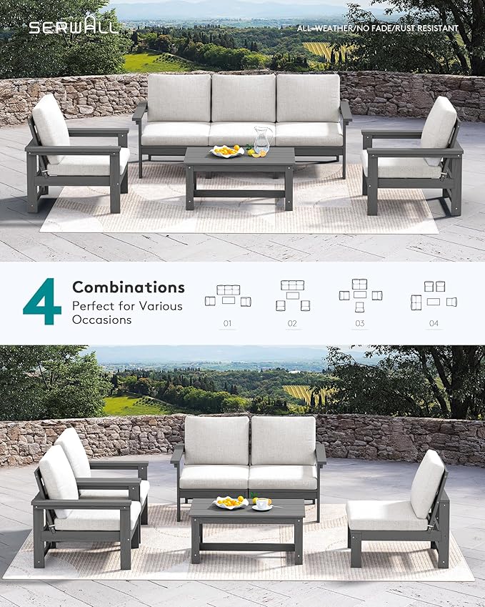 SERWALL HDPE Patio Conversation Set, 6-piece Sectional Outdoor Furniture Set, All Weather Outdoor Couch Set Patio Furniture Set for Deck, Lawn, Grey Frame with Grey Cushion