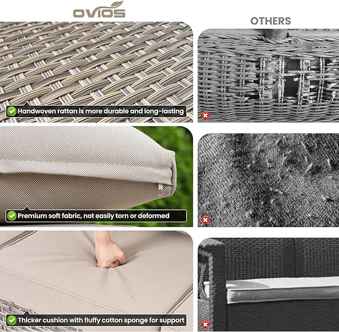 ovios 8-Piece Patio Furniture Set with L-Shape Sofa Chaise, Outdoor Sectional Couch Swivel Gliders Solar Table, Modern Modular Wicker Rattan Conversation Set, Beige